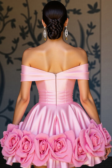 Off The Shoulder Pink A Line Short Prom Dress with 3D Flowers